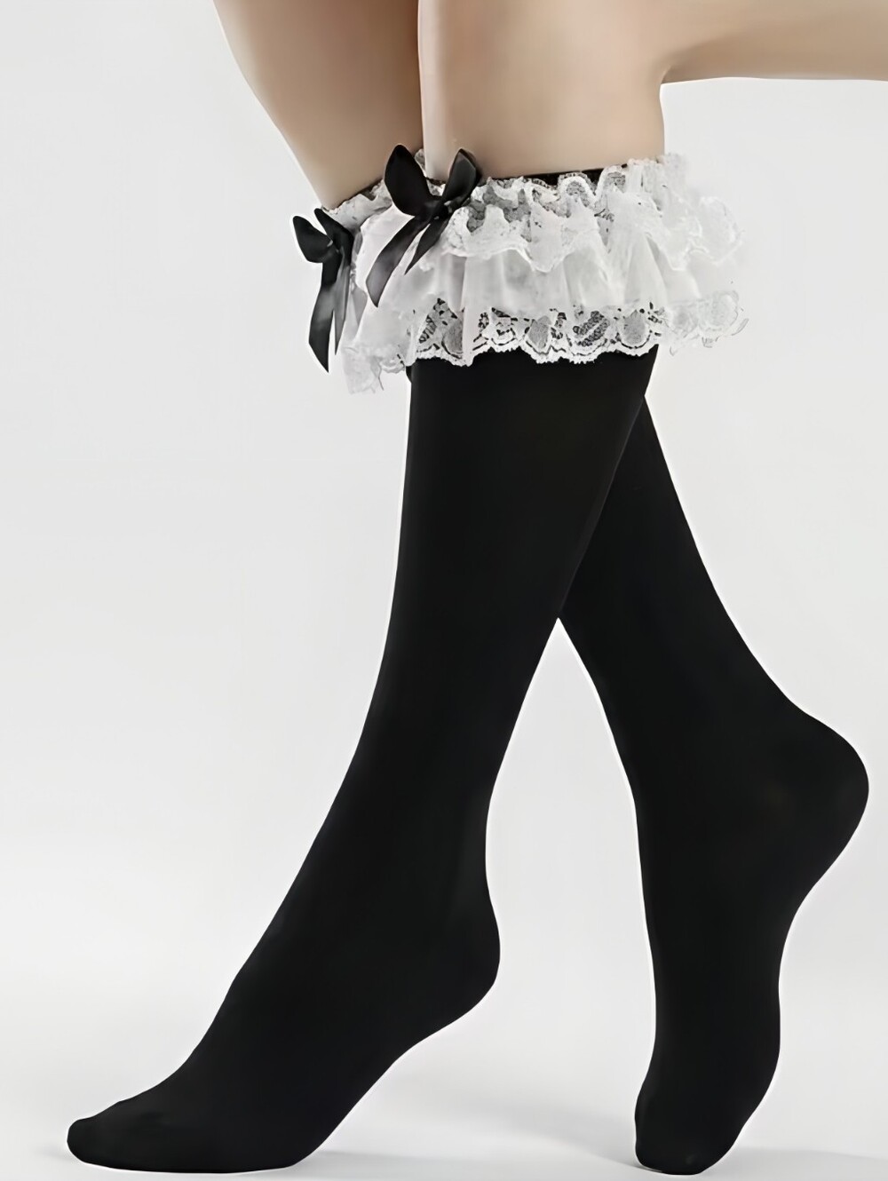 Black With White Ruffle Lolita Style Calf High Stockings - Picture 2 of 4